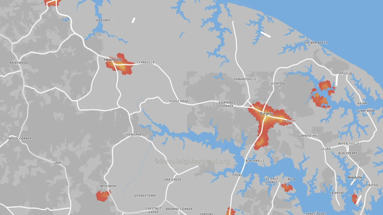 Walk Grade map of Northumberland County, VA, walkable areas in green and car-dependent areas in red