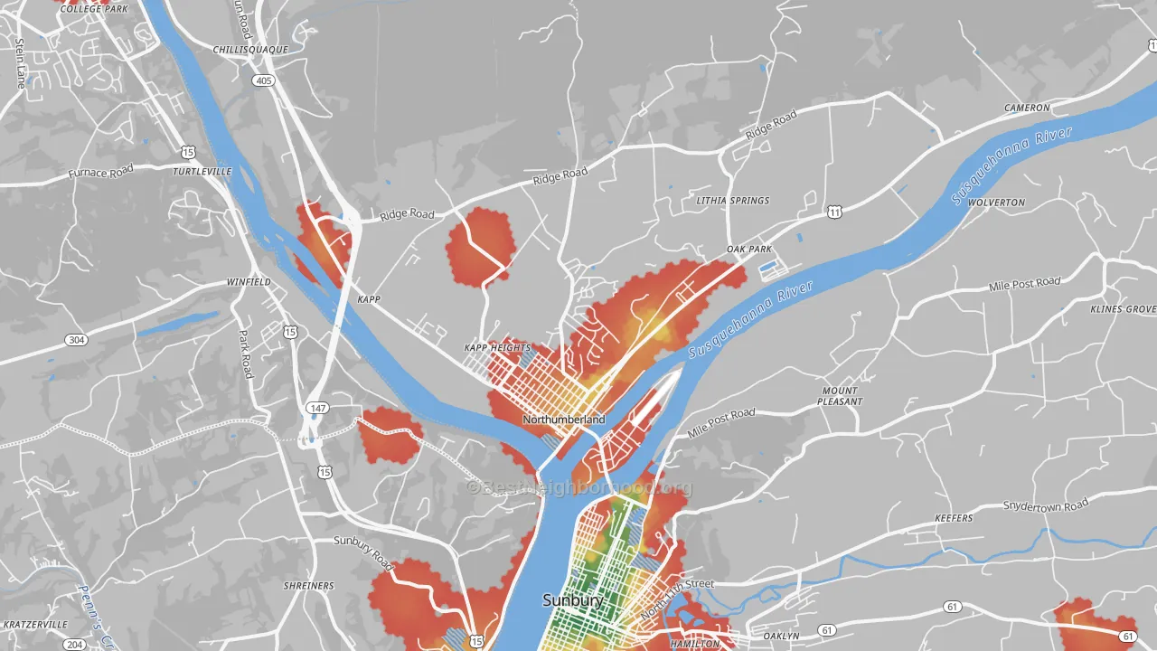 Walk Grade map of Northumberland, PA, walkable areas in green and car-dependent areas in red