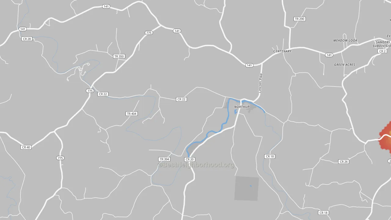 Walk Grade map of Northup, OH, walkable areas in green and car-dependent areas in red