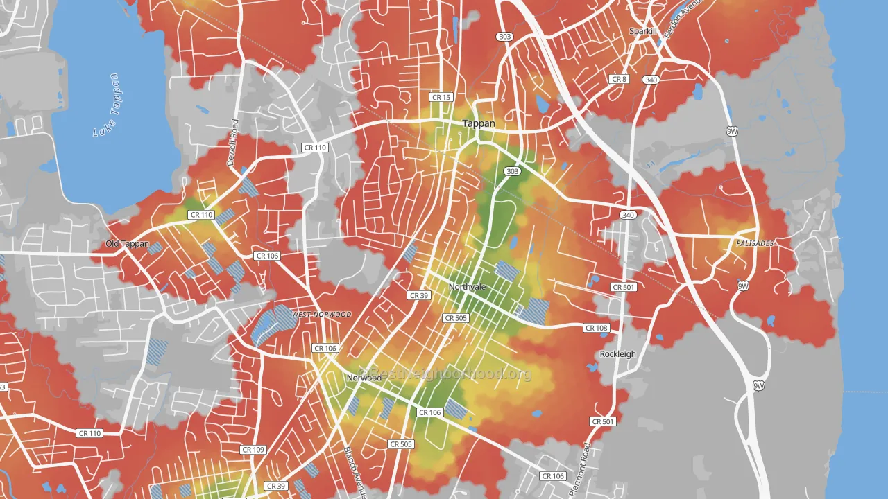Walk Grade map of Northvale, NJ, walkable areas in green and car-dependent areas in red