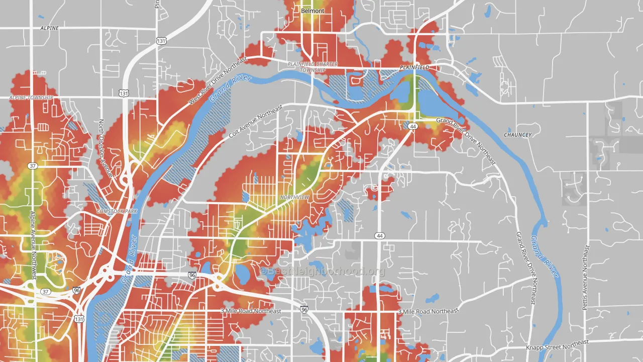 Walk Grade map of Northview, MI, walkable areas in green and car-dependent areas in red