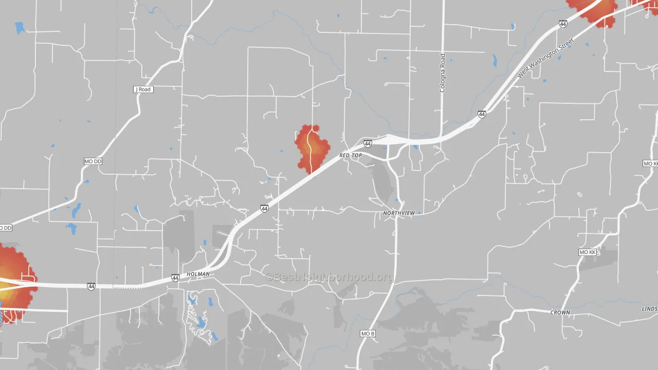 Walk Grade map of Northview, MO, walkable areas in green and car-dependent areas in red