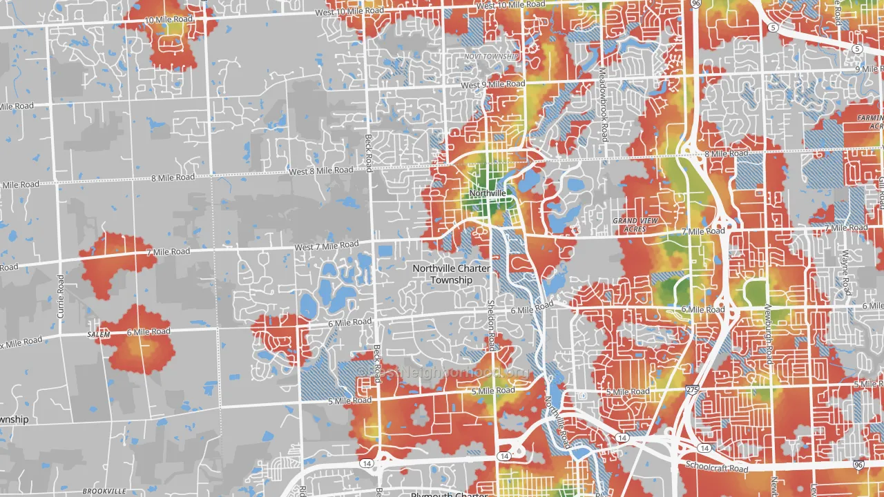 Walk Grade map of Northville, MI, walkable areas in green and car-dependent areas in red