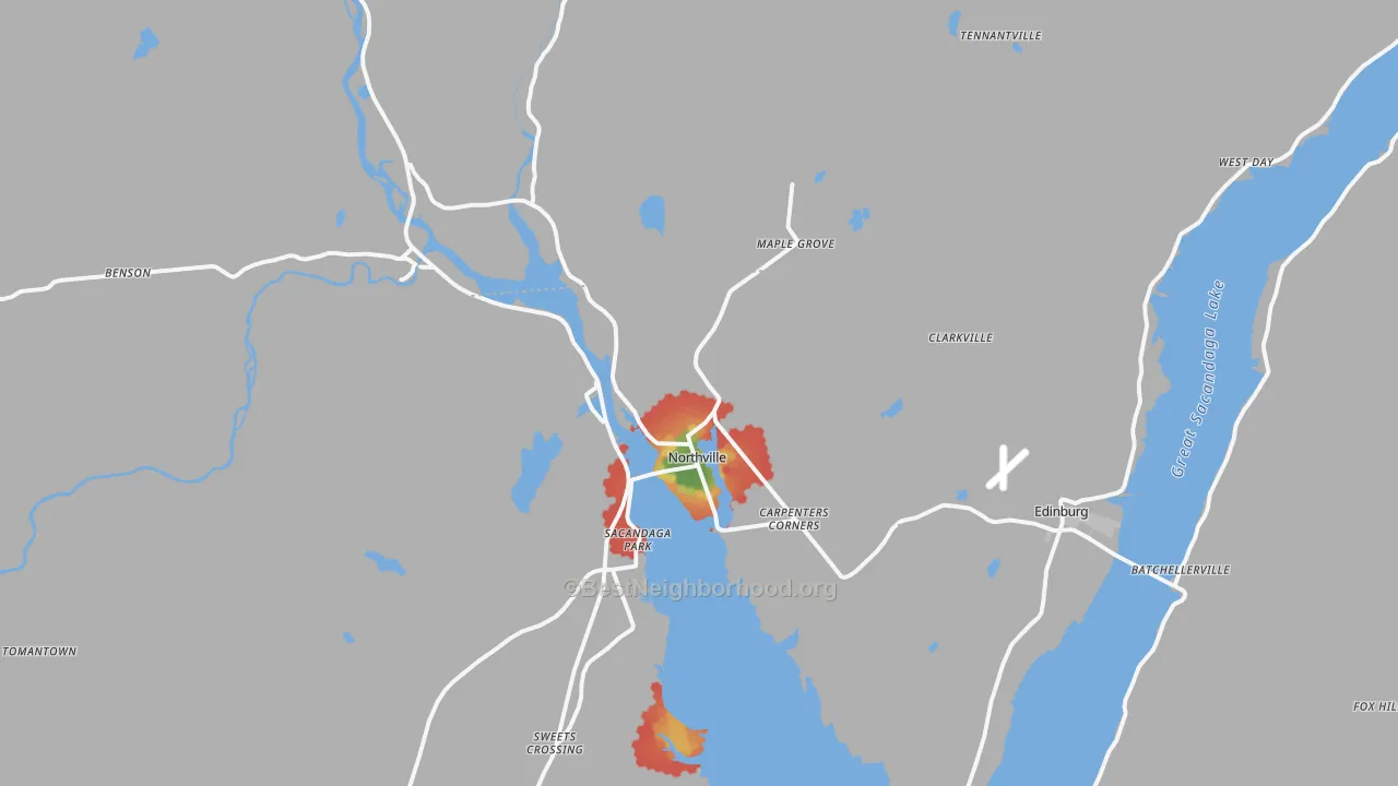 Walk Grade map of Northville, NY, walkable areas in green and car-dependent areas in red