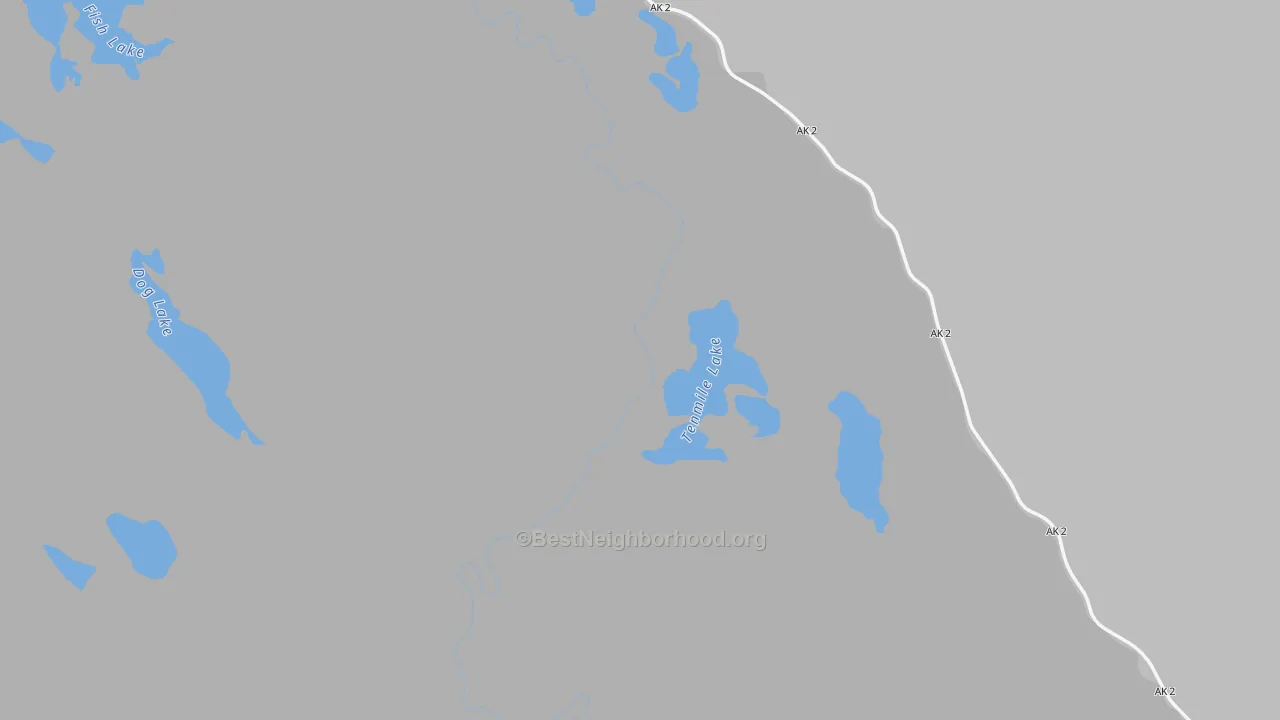 Walk Grade map of Northway, AK, walkable areas in green and car-dependent areas in red