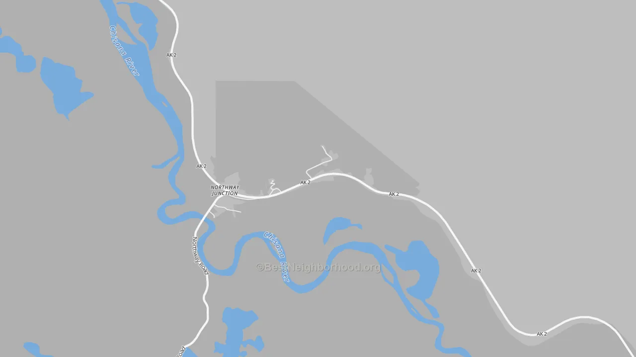 Walk Grade map of Northway Junction, AK, walkable areas in green and car-dependent areas in red