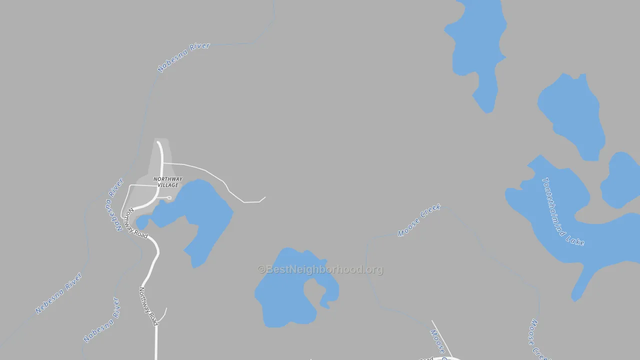 Walk Grade map of Northway Village, AK, walkable areas in green and car-dependent areas in red