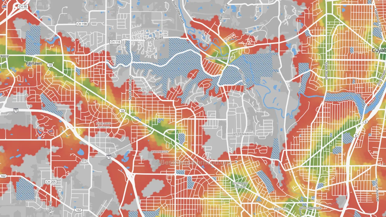 Walk Grade map of Northwest Akron, Akron, OH, walkable areas in green and car-dependent areas in red