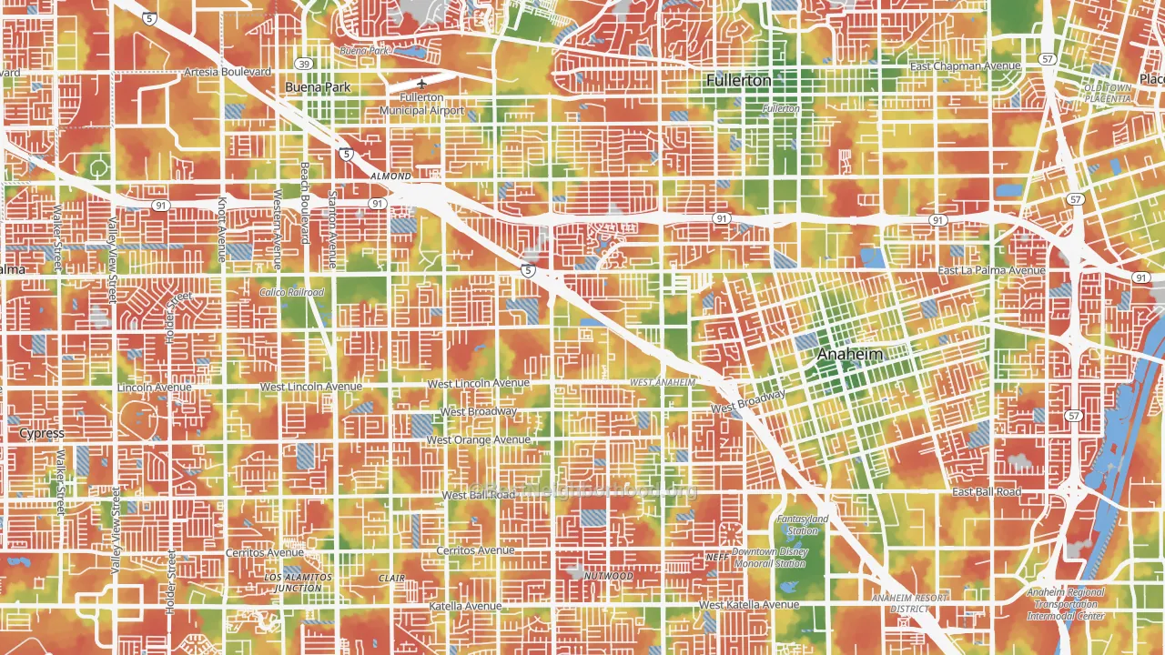 Walk Grade map of Northwest, Anaheim, CA, walkable areas in green and car-dependent areas in red