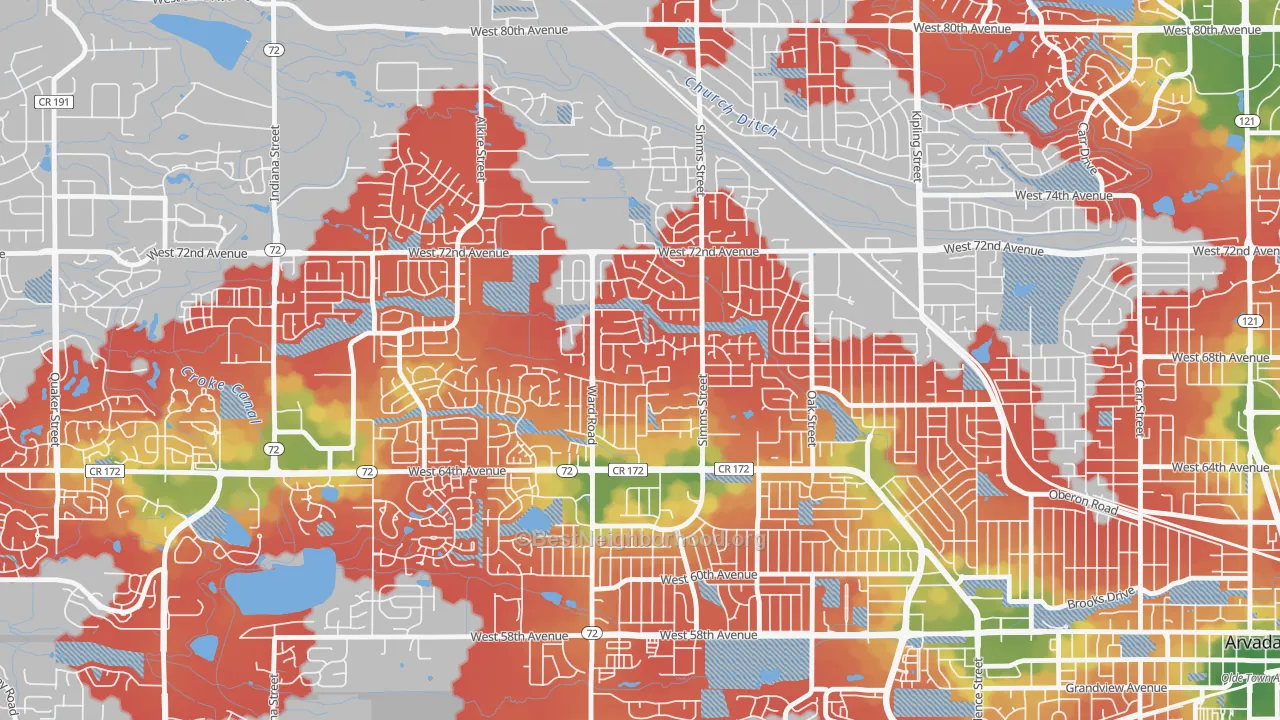 Walk Grade map of Northwest Arvada, Arvada, CO, walkable areas in green and car-dependent areas in red