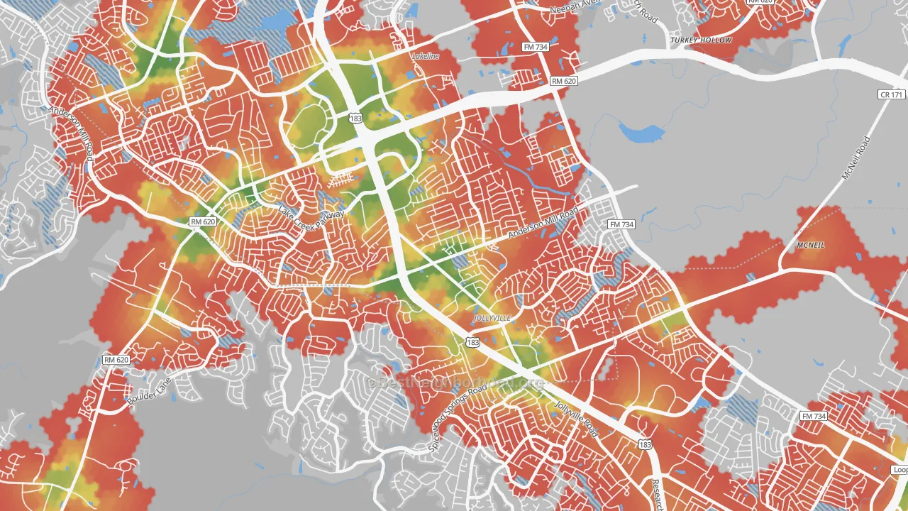 Walk Grade map of Northwest Austin, Austin, TX, walkable areas in green and car-dependent areas in red