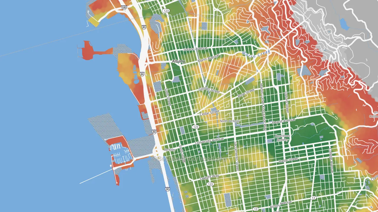 Walk Grade map of Northwest Berkeley, Berkeley, CA, walkable areas in green and car-dependent areas in red
