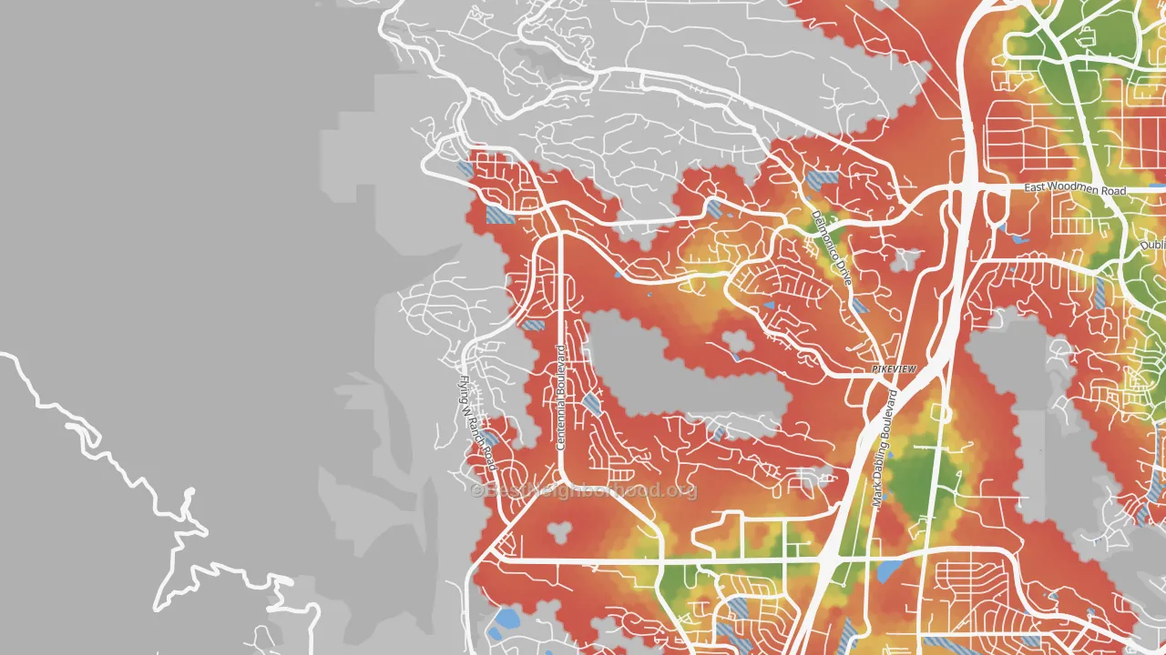 Walk Grade map of Northwest Colorado Springs, Colorado Springs, CO, walkable areas in green and car-dependent areas in red