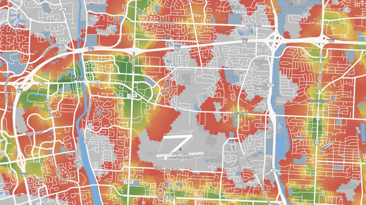 Walk Grade map of Northwest, Columbus, OH, walkable areas in green and car-dependent areas in red