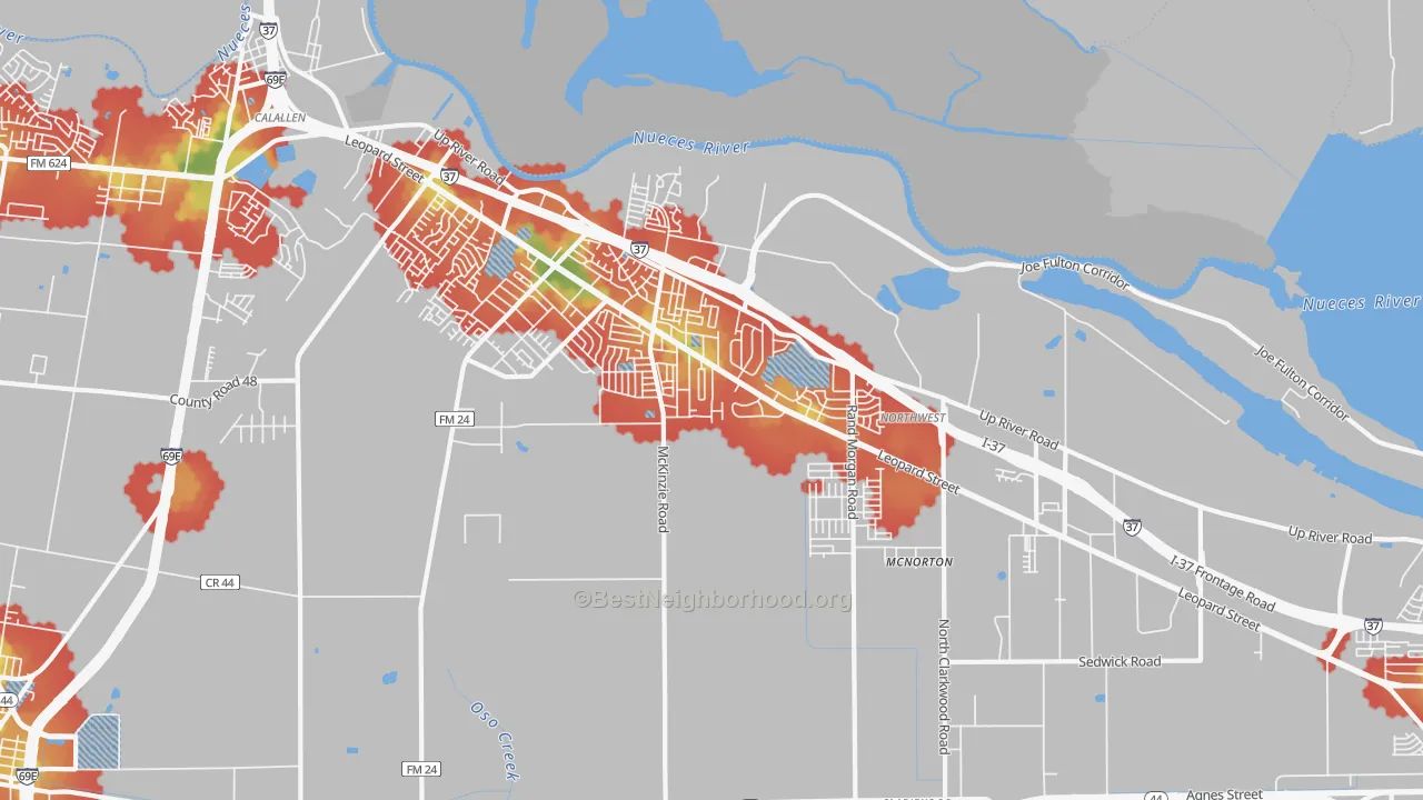 Walk Grade map of Northwest Corpus Christi, Corpus Christi, TX, walkable areas in green and car-dependent areas in red