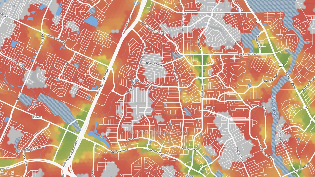Walk Grade map of Northwest Crossing, San Antonio, TX, walkable areas in green and car-dependent areas in red