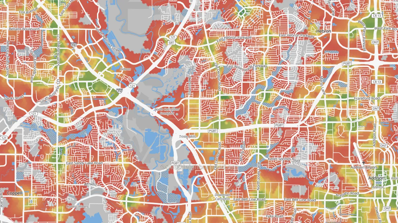 Walk Grade map of Northwest Dallas, Dallas, TX, walkable areas in green and car-dependent areas in red