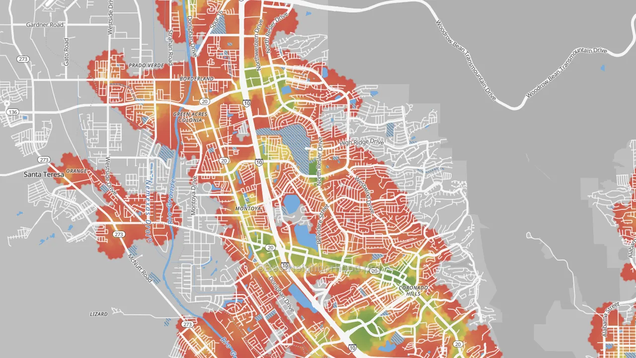 Walk Grade map of Northwest, El Paso, TX, walkable areas in green and car-dependent areas in red