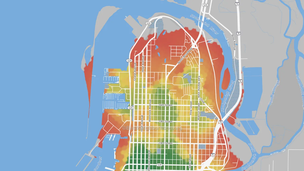 Walk Grade map of Northwest Everett, Everett, WA, walkable areas in green and car-dependent areas in red