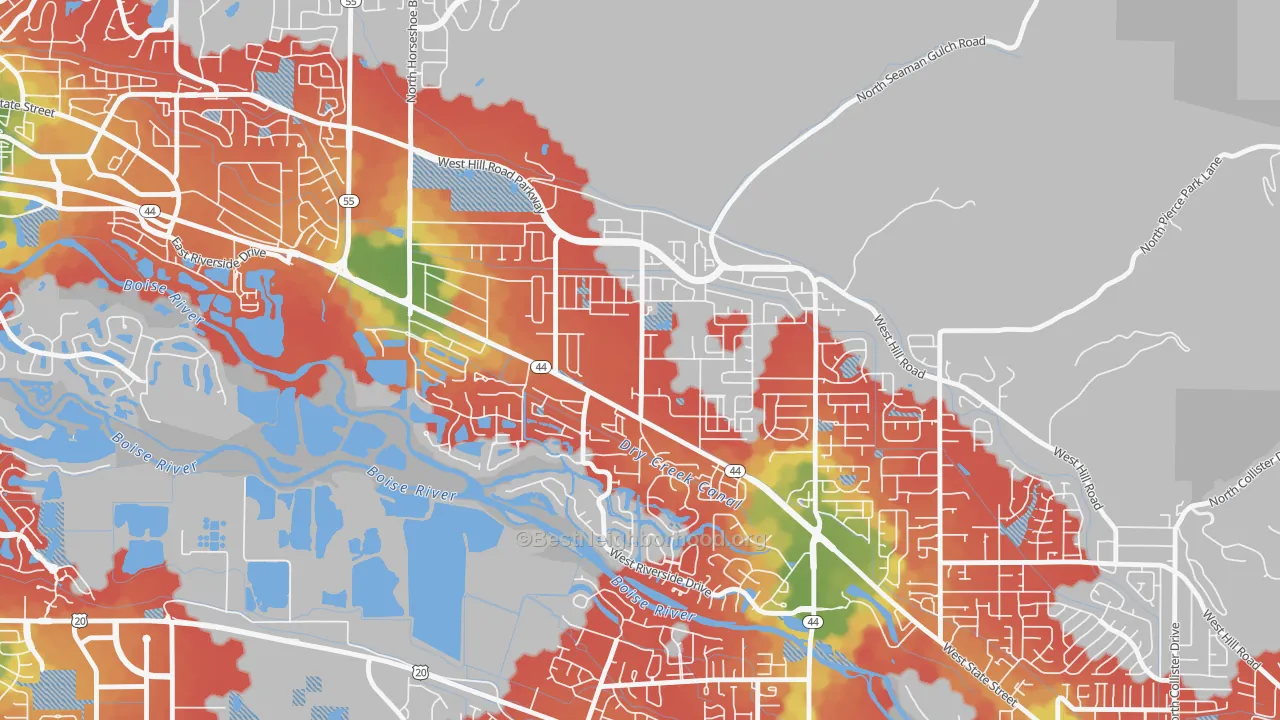 Walk Grade map of Northwest, Garden City, ID, walkable areas in green and car-dependent areas in red