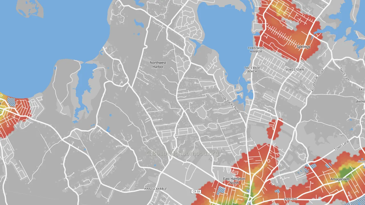 Walk Grade map of Northwest Harbor, NY, walkable areas in green and car-dependent areas in red