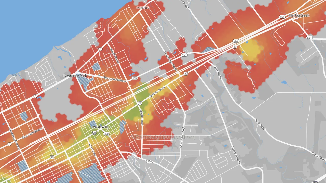 Walk Grade map of Northwest Harborcreek, PA, walkable areas in green and car-dependent areas in red
