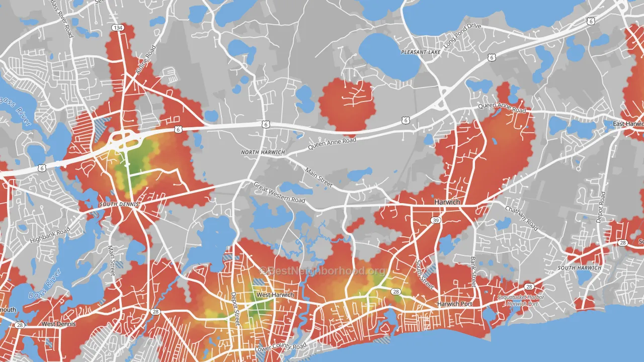 Walk Grade map of Northwest Harwich, MA, walkable areas in green and car-dependent areas in red