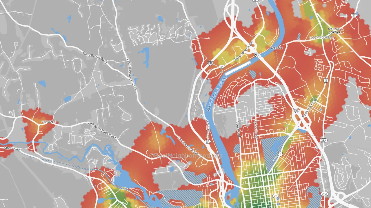 Walk Grade map of Northwest, Manchester, NH, walkable areas in green and car-dependent areas in red