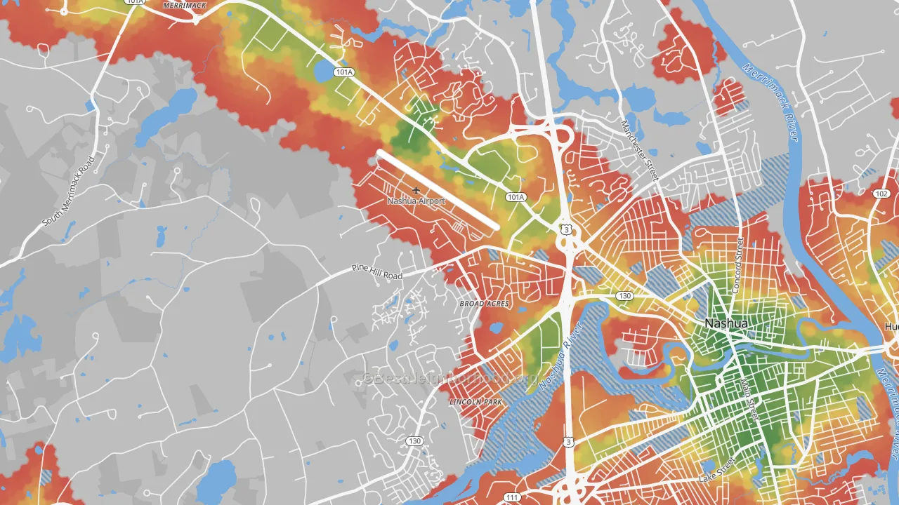 Walk Grade map of Northwest Nashua, Nashua, NH, walkable areas in green and car-dependent areas in red