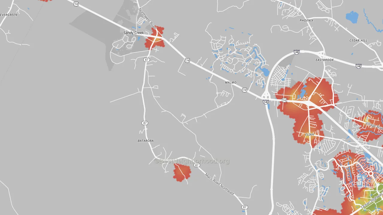 Walk Grade map of Northwest, NC, walkable areas in green and car-dependent areas in red