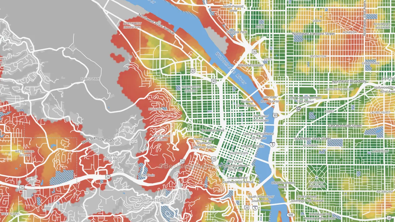 Walk Grade map of Northwest, Portland, OR, walkable areas in green and car-dependent areas in red