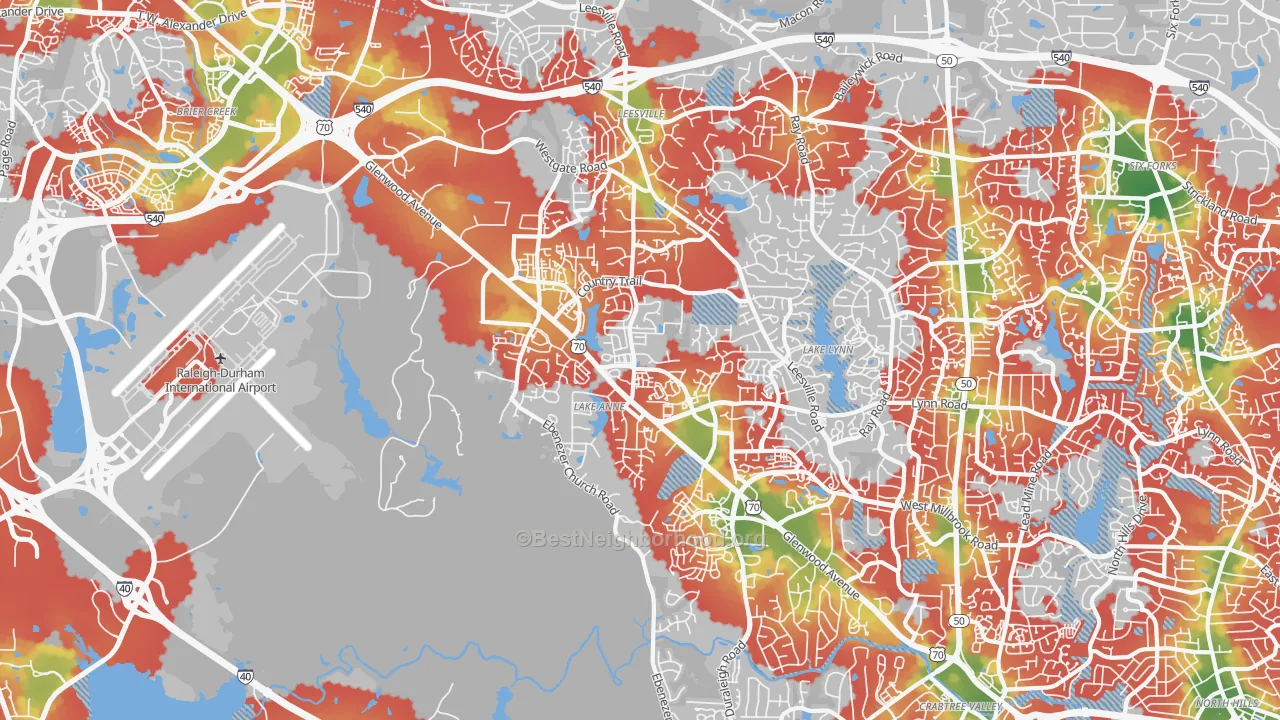 Walk Grade map of Northwest Raleigh, Raleigh, NC, walkable areas in green and car-dependent areas in red