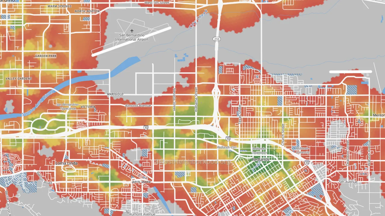 Walk Grade map of Northwest Redlands, Redlands, CA, walkable areas in green and car-dependent areas in red