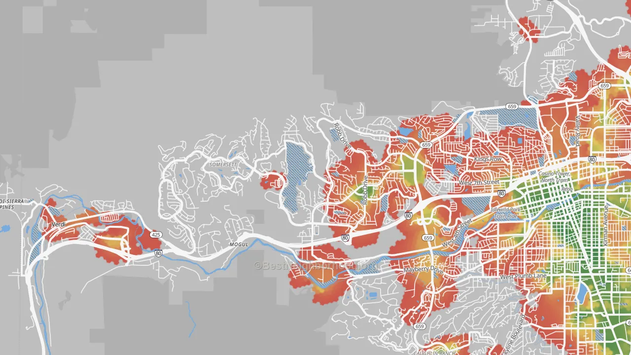 Walk Grade map of Northwest, Reno, NV, walkable areas in green and car-dependent areas in red