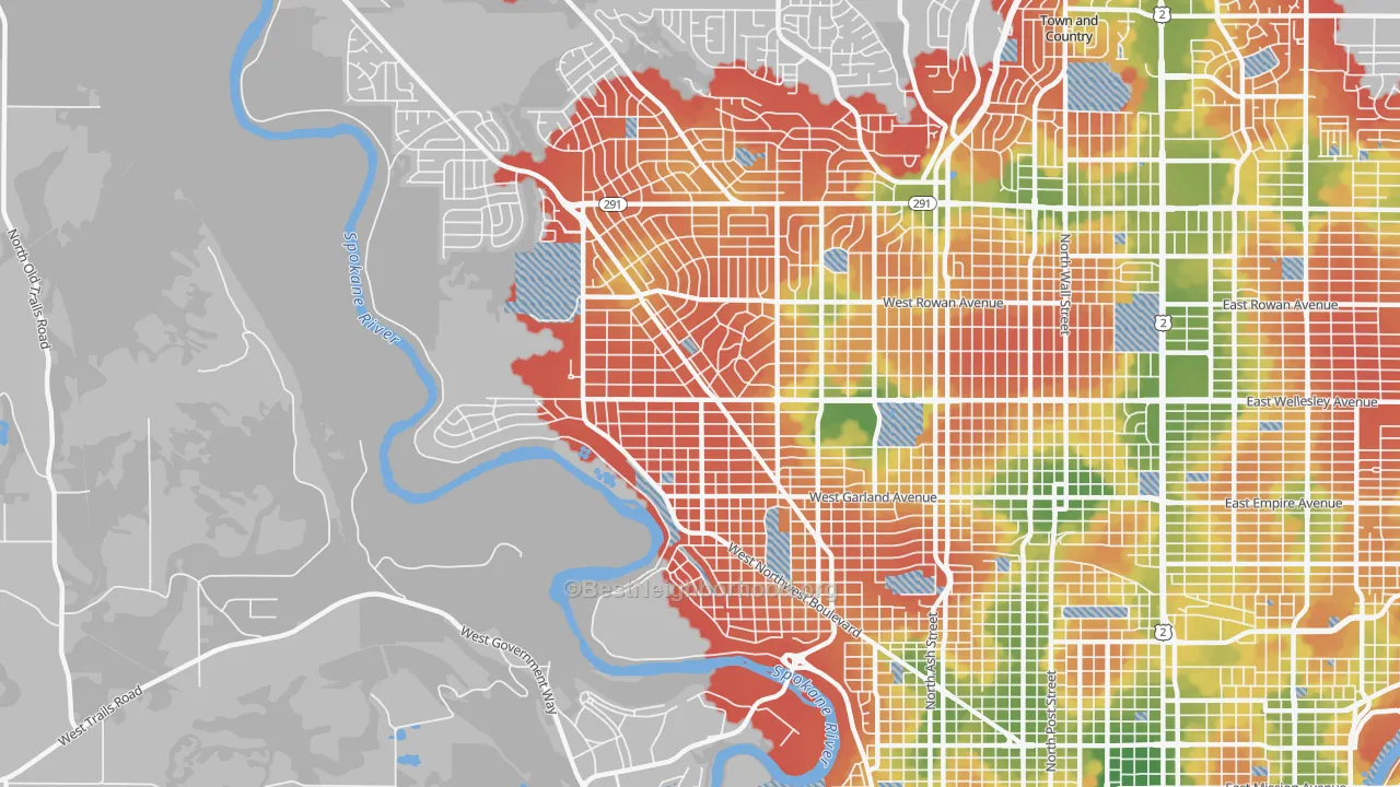 Walk Grade map of Northwest Spokane, Spokane, WA, walkable areas in green and car-dependent areas in red