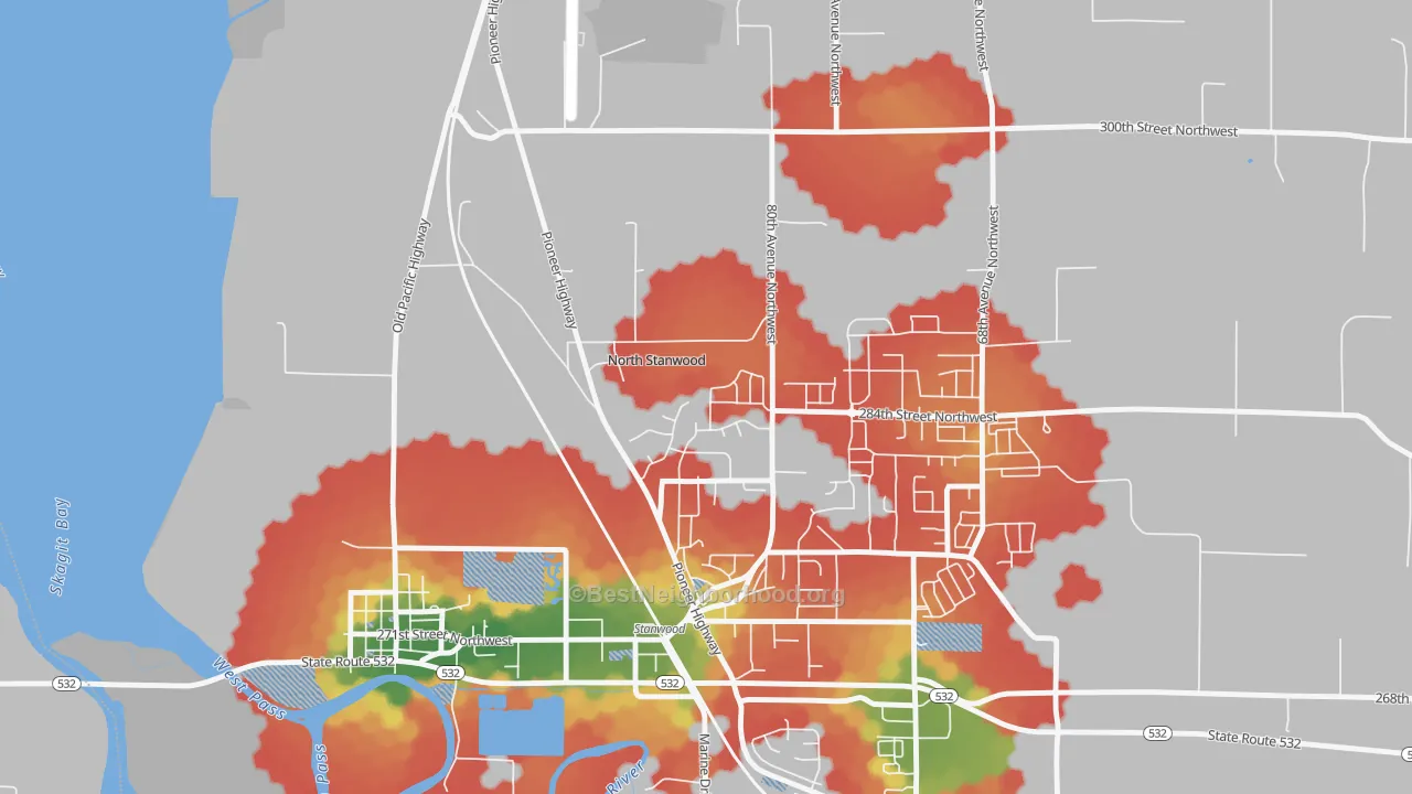Walk Grade map of Northwest Stanwood, WA, walkable areas in green and car-dependent areas in red