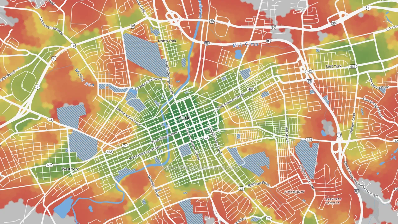 Walk Grade map of Northwest Triangle, York, PA, walkable areas in green and car-dependent areas in red