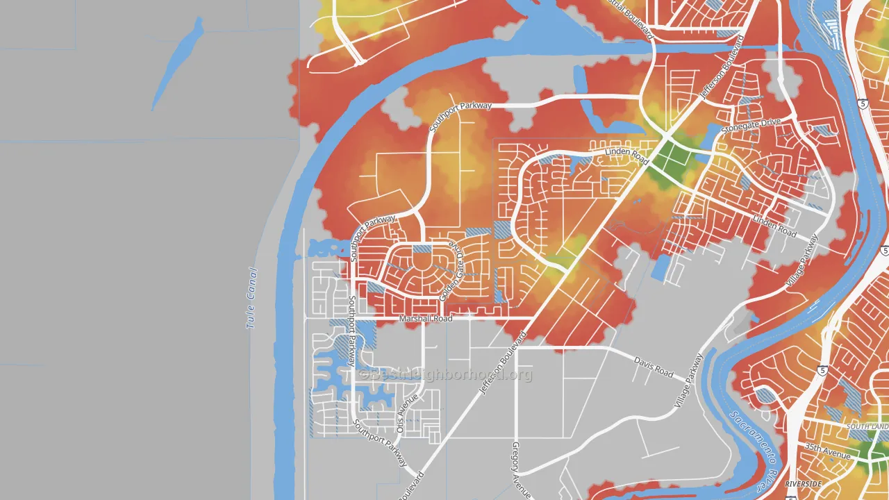Walk Grade map of Northwest Village, West Sacramento, CA, walkable areas in green and car-dependent areas in red
