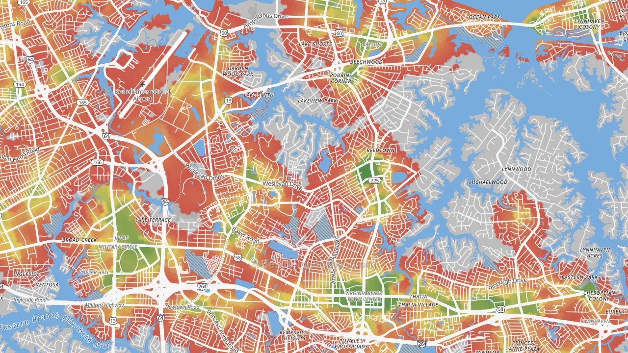 Walk Grade map of Northwest, Virginia Beach, VA, walkable areas in green and car-dependent areas in red