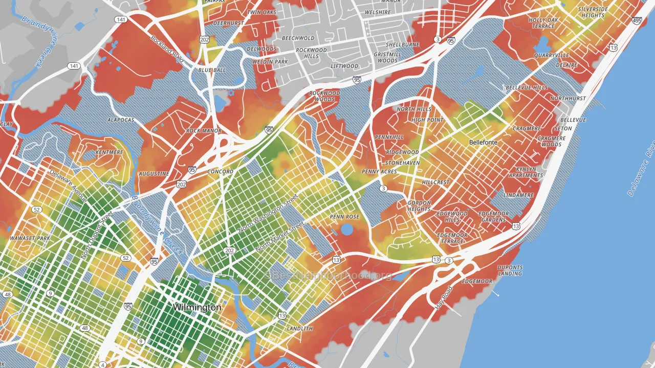 Walk Grade map of Northwest Wilmington, Wilmington, DE, walkable areas in green and car-dependent areas in red