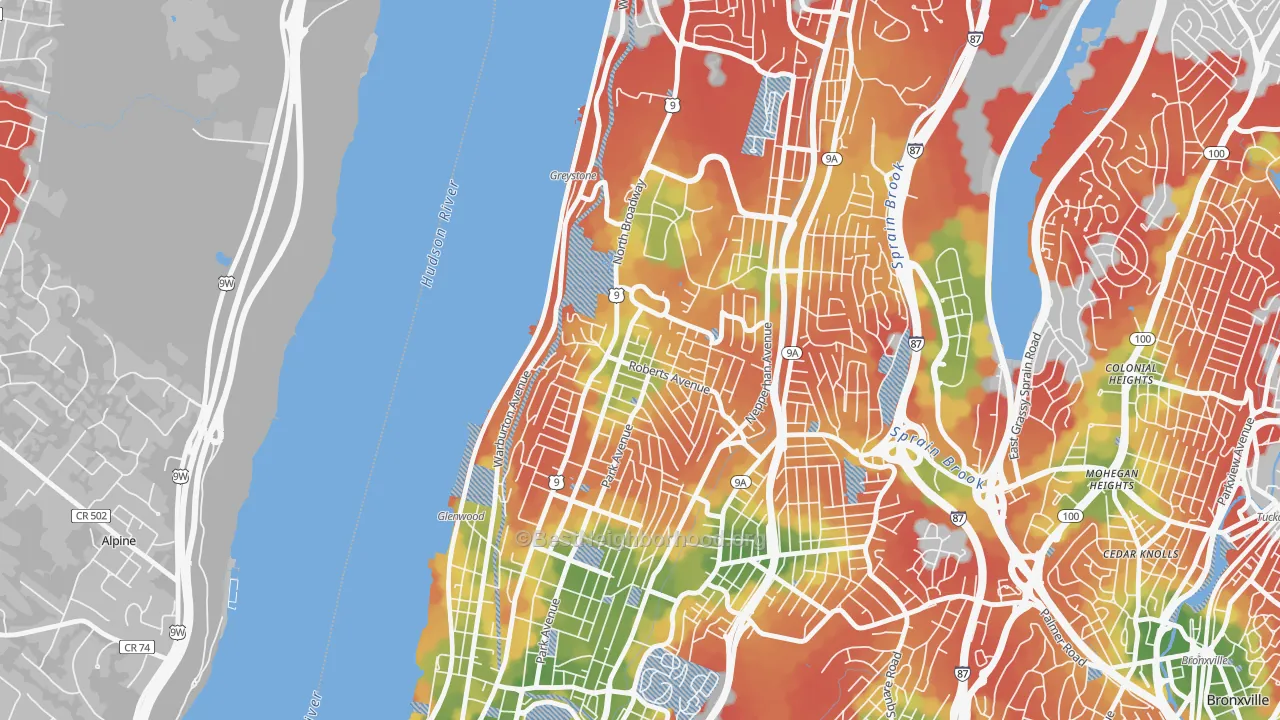 Walk Grade map of Northwest Yonkers, Yonkers, NY, walkable areas in green and car-dependent areas in red