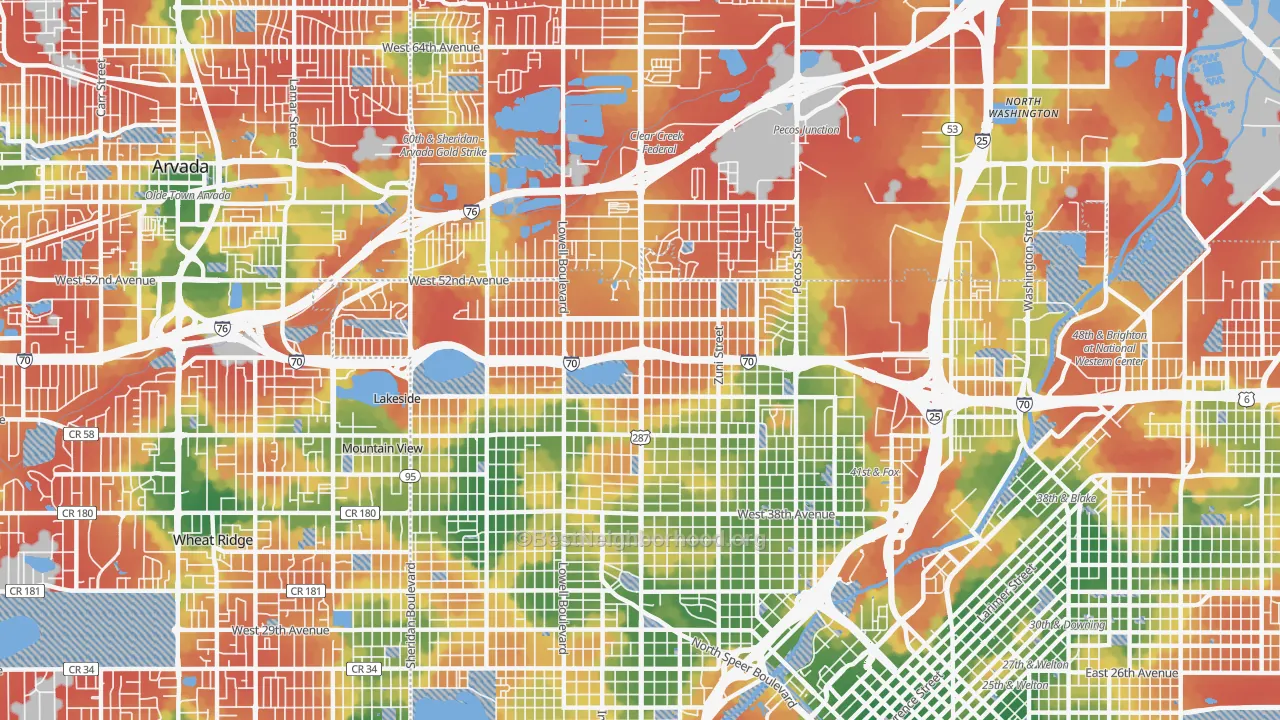 Walk Grade map of Northwestern Denver, Denver, CO, walkable areas in green and car-dependent areas in red