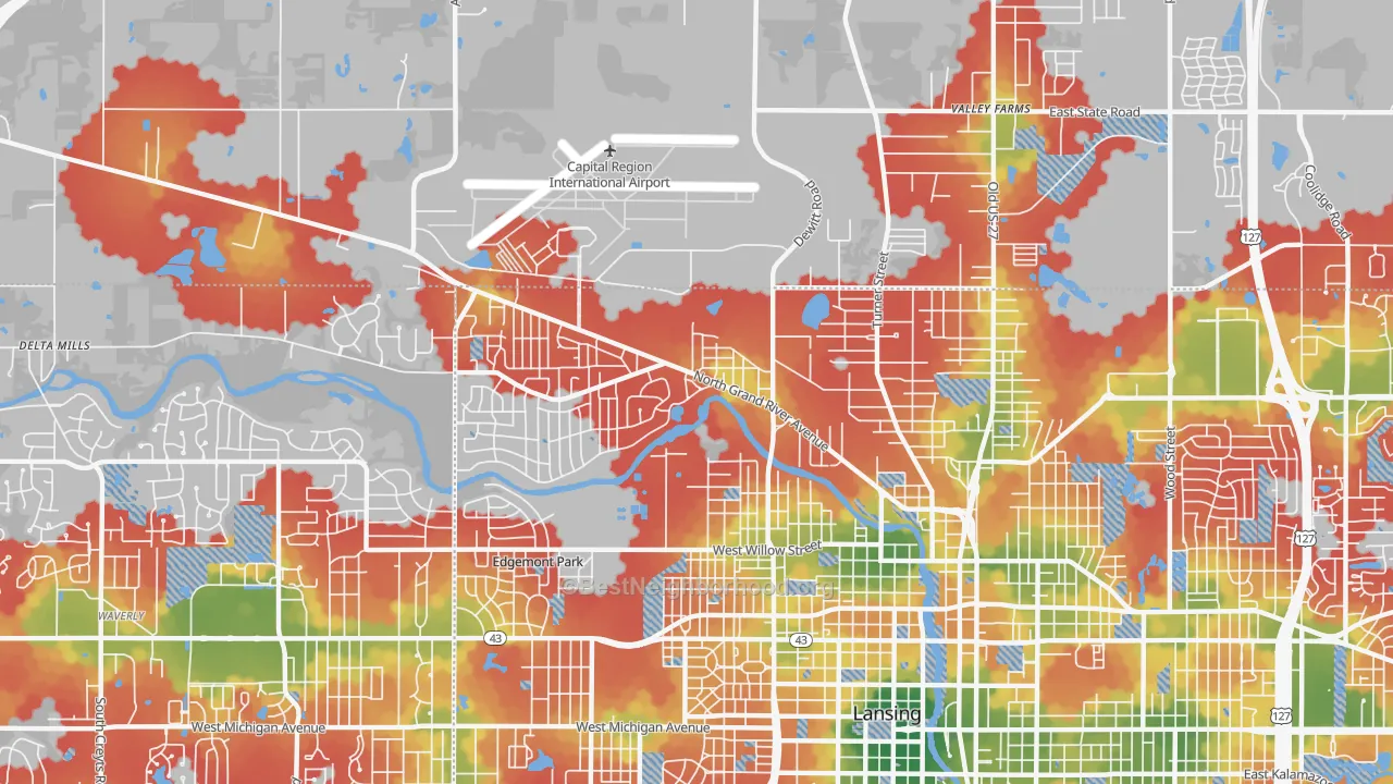 Walk Grade map of Northwestside, Lansing, MI, walkable areas in green and car-dependent areas in red