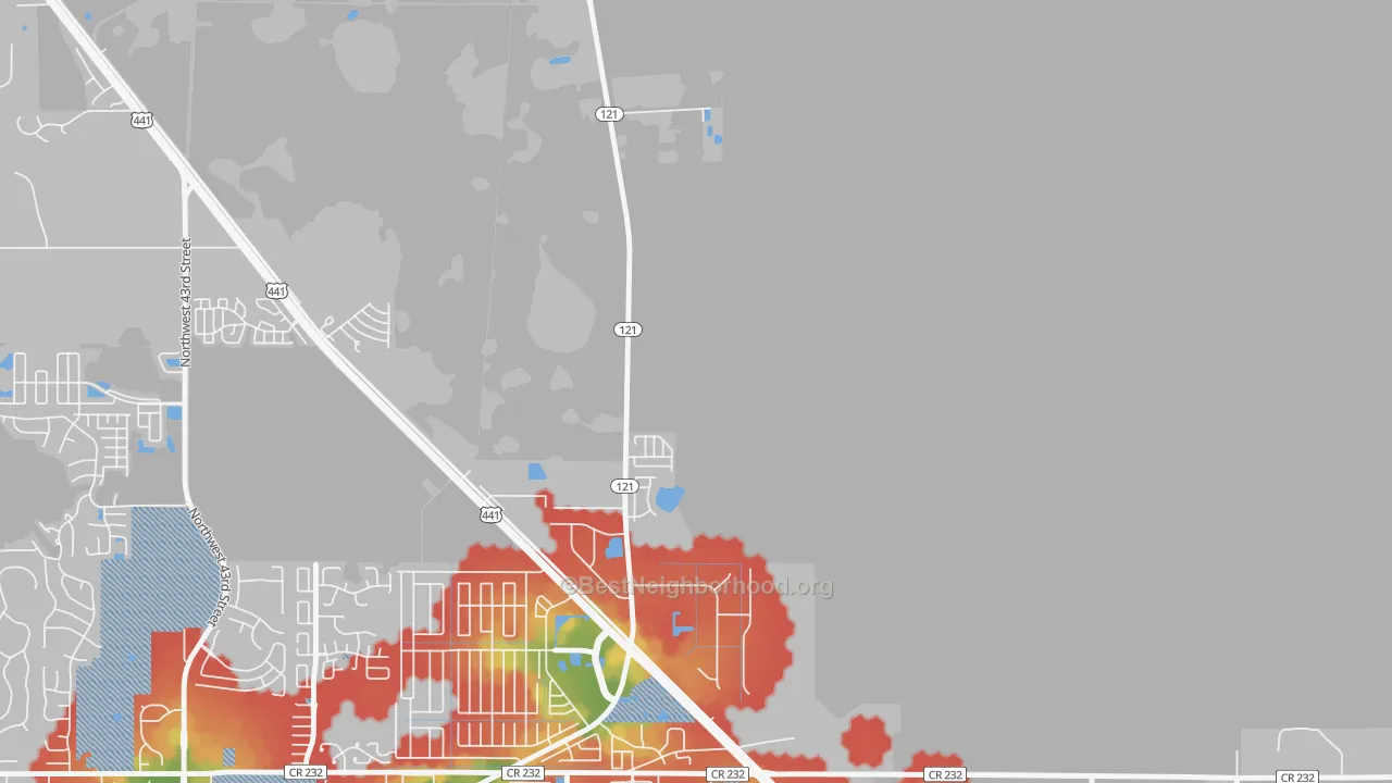 Walk Grade map of Northwood, FL, walkable areas in green and car-dependent areas in red