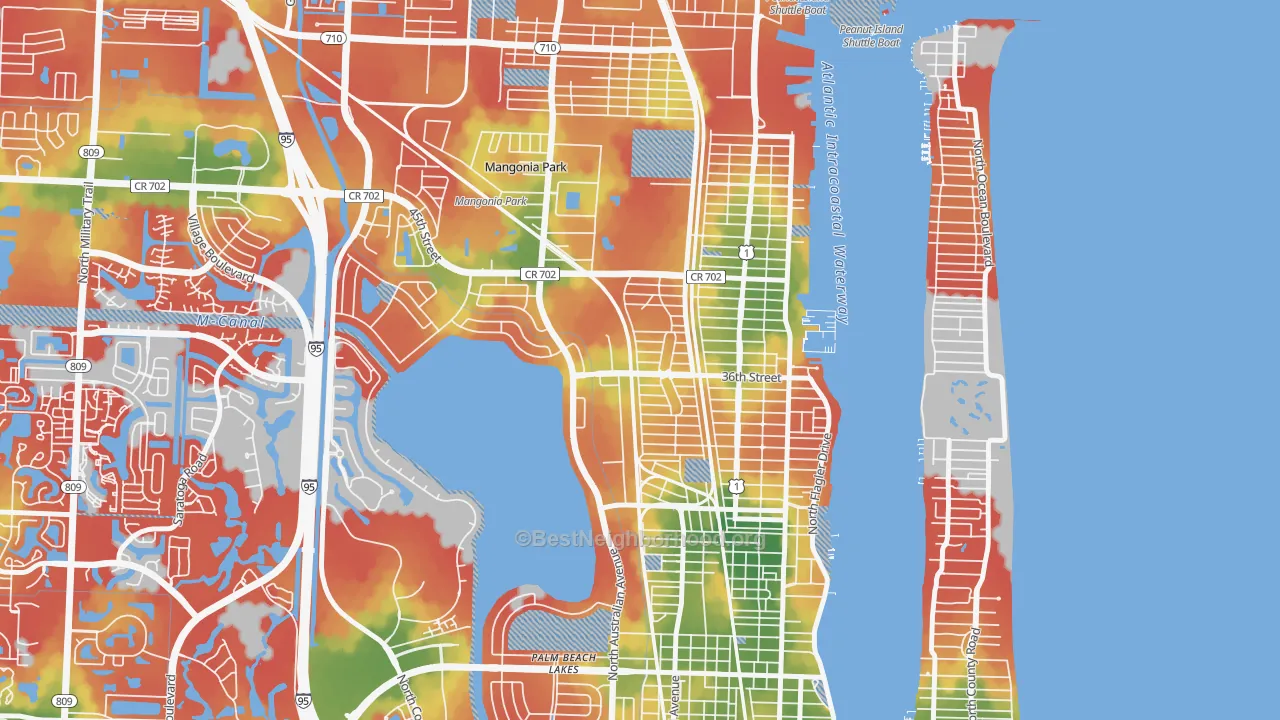 Walk Grade map of Northwood Hills, West Palm Beach, FL, walkable areas in green and car-dependent areas in red