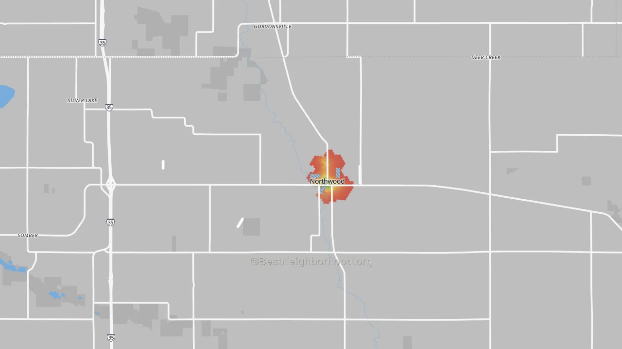 Walk Grade map of Northwood, IA, walkable areas in green and car-dependent areas in red