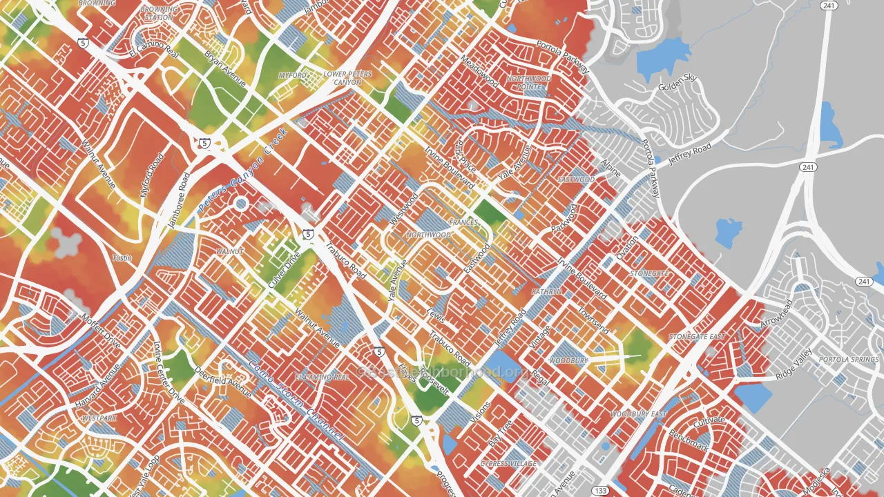 Walk Grade map of Northwood, Irvine, CA, walkable areas in green and car-dependent areas in red