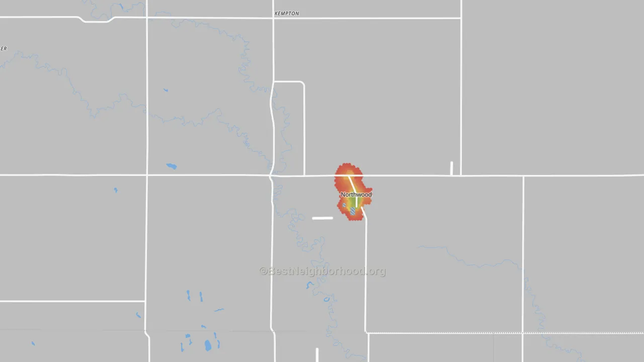 Walk Grade map of Northwood, ND, walkable areas in green and car-dependent areas in red