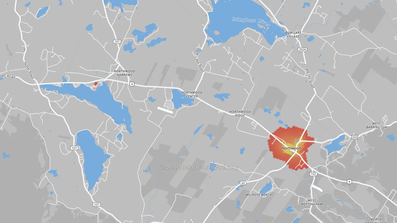 Walk Grade map of Northwood, NH, walkable areas in green and car-dependent areas in red