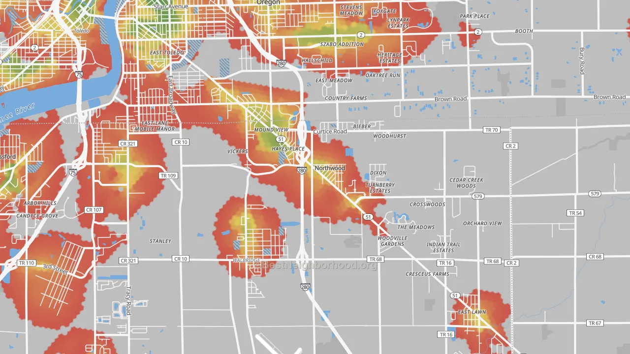 Walk Grade map of Northwood, OH, walkable areas in green and car-dependent areas in red